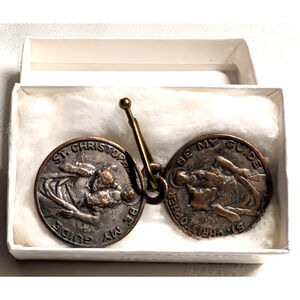 Vintage Saint Christopher Be My Guide Medals Two Bronze Catholic Talismans